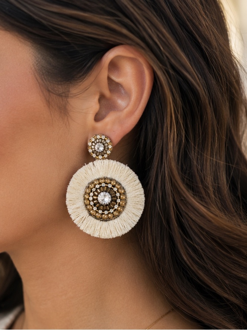 Boho Cream Fringe Disc Earrings with Gold Beaded Accents - Picture 4 of 4